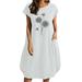 VBARHMQRT Pearl Dress Women Casual Printed Loose Short Sleeve Dress Women Summer Round Neck Dresses with Pocket Cotton Linen Knee Length Midi Sundress Plus Size Winter Dress