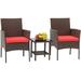 LIHONG 3 Piece Bistro Conversation Set Patio Brown Wicker Chairs Furniture Outdoor Furniture Set 2 Rattan Chairs with Red Cushions and Glass Coffee Table for Porch Lawn Garden Balcony Backyard