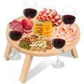 Lieonvis Portable Picnic Wine Table Foldable Wine Table with Tall Glass Holder Wooden Picnic Table 5-Compartment Snack Table Tray for Party Picnic Camping Beach 12Ã—6.3in