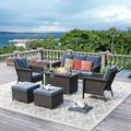 Brafab 6pcs Outdoor Patio Furniture Set with 44 Gas Fire Pit Table PE Wicker Patio Conversation Sets Cushioned Seat Couch Outdoor Sectional Chair Sofa Set for Yard Garden Porch