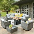 HOOOWOOO Outdoor Furniture Wicker 11-piece Sectional Set with Swivel Rocking Chair and Fire Pit Table Grey