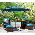 5 Pieces Patio Dining Sets Space Saving Outdoor Brown Black Wicker Rattan Chairs Balcony Conversation Porch with Ottomans Glass Table Sectional Wicker Seating (Blue)