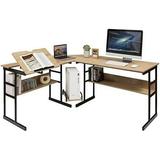 67 inches L-Shaped Desk Corner Computer Desk with Bottom Bookshelves & CPU Stand Drafting Drawing Table with Tiltable Desktop Corner Computer Workstation Office Desk