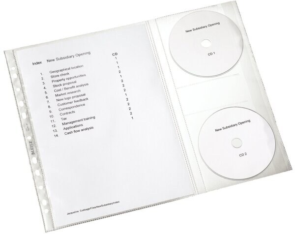 LEITZ Prospekthülle A4, CdunkelKlappe für 2 CD's, oben offen, dokumentenecht, Universallochung, PP-Folie, Folie: 0,15mm, Inhalt: 5 Stück, Maße: 230 x 315 mm Image