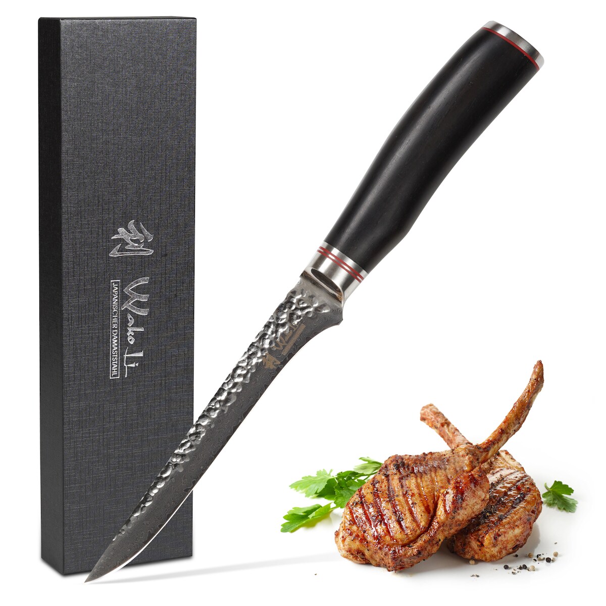 Wakoli EBO Damast Tranchiermesser I 16 cm Klinge I schwarzer Eichenholzgriff Image