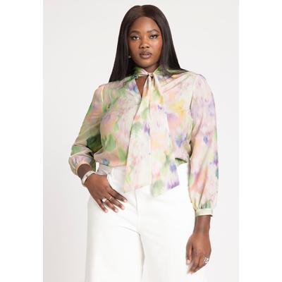 Plus Size Women's Printed Tie Neck Blouse by ELOQUII in Beauty (Size 26)