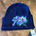 Anthropologie Accessories | Anthropologie Troubadour Knit Rib Fold Beanie Hat With Embroidered Flowers Navy | Color: Blue/Purple | Size: Os