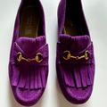 Gucci Shoes | Gucci 36.5 Gold Horsebit Fringe Loafers In Purple Suede Maramont Flats | Color: Purple | Size: 6.5