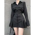 HOUZHOU – Robe chemise noire à manches longues pour femmes Vintage élégante Sexy gothique