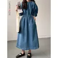 LANMREM-Robe en denim bleu pour femmes col rond manches lanterne cordon de proximité robes