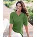 Blair Women's Coastal Cotton Notched Neckline Elbow-Sleeve Tee - Green - PXL - Petite