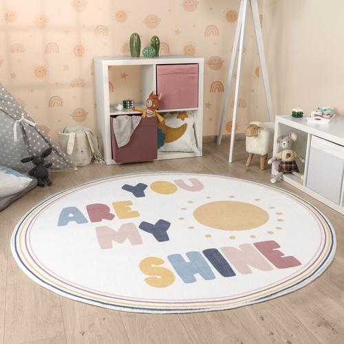 Kinderteppich Teppich Kinderzimmer Rund Waschbar Bis 30 Grad Sonne Regenbogen 120 cm Rund, Bunt