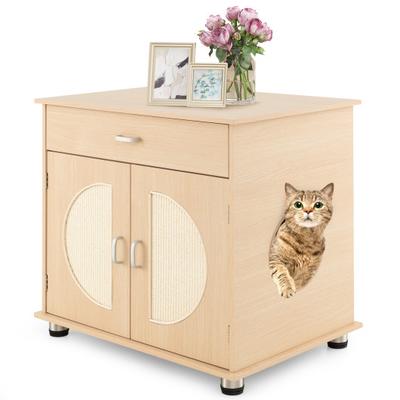 Costway Cat Litter Box Enclosure with Sisal Scratching Doors and Storage-Natural