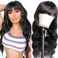 Amella Hair Brazilian Body .. Wave Wigs With Bangs .. Virgin Brazilian None Lace .. Front Wigs Human Hair .. Wigs 150% Density Glueless .. Machine Made Wigs For .. Black Women 14 Inch