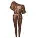 Elainilye Fashion Women s Matching Sets Rompers Faux Leather Strap Off Shoulder Bodysuit Lady s Jumpsuits Brown