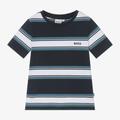 Boss Boys Blue Cotton Striped T-Shirt