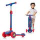 COSTWAY Kids Scooter, 3 Wheel Foldable Scooters with Light up PU Wheels, Height Adjustable Handlebar and Rear Brake, Lean to Steer Push Scooter for Toddler Aged 3 to 5 (Blue+Red)