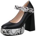 Women Snake Print Shoes Block Heel Mary Jane Platform Pumps High Heel Animal Print Round Toe Fashion Party Dress Shoes(Black,UK Size 7)