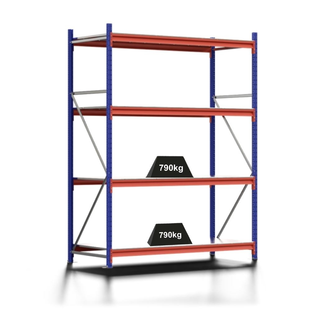 PROREGAL Weitspannregal MOOSE Stecksystem Omega-Profil, Grundregal, HxBxT 250x185x80cm, 4 Ebenen, Stahlplatten-Fachboden, Fachlast 790kg, Blau/Orange Image