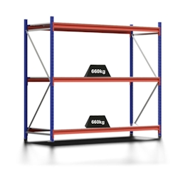 PROREGAL Weitspannregal MOOSE Stecksystem Omega-Profil, Grundregal, HxBxT 200x222x80cm, 3 Ebenen, Spanplatten-Fachboden, Fachlast 660kg, Blau/Orange Image