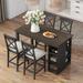 Farmhouse Wood Counter Height Dining Table Set with 3-Tier Storage Shelves and Upholstered Chairs