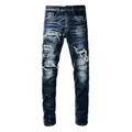 Jeans en denim patchwork bleu foncé pour hommes pantalons moulants peints jeans effilés