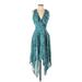 Leith Casual Dress - Midi V-Neck Sleeveless: Teal Print Dresses - Women's Size X-Small