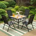 durable VILLA 7 PCs Outdoor Patio Dining Set 6 Adjustable Folding Reclining Sling Chair with Armrest & 1 Rectangle Patio Dining Table with 1.57 Umbrella Hole (Black)