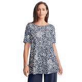 Plus Size Women's Stretch Knit Boatneck Swing Tunic by The London Collection in Navy Mixed Animal (Size S)