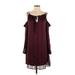 Miss Me Casual Dress - Mini Cold Shoulder 3/4 sleeves: Burgundy Print Dresses - Women's Size Small