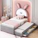 Kids Twin Upholstered Bed with Trundle & 3 Drawers, Wooden Platform Frame with Embedded LED Lights, Rabbit-Shaped Headboard