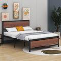 17 Stories Zebrina Queen Size Platform Bed, Metal & Wood Bed Frame w/ Headboard & Footboard Wood & Metal/Metal in Black | Wayfair