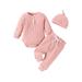 Suanret Baby Boys Girls 3PCS Tops Pants Outfits Long Sleeve Rompers Elastic Pants Beanie Hat Clothes Set Pink 0-3 Months