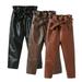 KYAIGUO 1-7Y Girls Faux Leather Pants Stretch Leggings Pencil Pants with Belt Solid High Waist Elastic Leather Trousers for Baby Toddler Kids