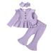 Mikrdoo Baby Girls Clothes Solid Color Rib Knitted Ruffle Dress Tops For Fall Winter Elastic Bell-bottomed Pants Headband 3Pcs Outfit Sets 18-24 Months Purple