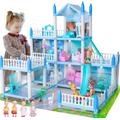 Doll House for Girls Toddlers - Dollhouse with 4 Dolls Figure, Furnitures, Accessories, LED Light, 3 Stories Princess Dreamhouse Christmas Toys Gift for Kids 3 4 5 6 7 8 Year Old (Blue)