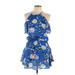 Karina Grimaldi Casual Dress - Mini Cold Shoulder Short sleeves: Blue Floral Dresses - Women's Size Large