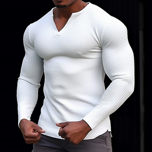 Homme Chemise gaufrée T-shirt Chemise à Manches Longues manche longue Col en V Printemps Automne Uni Mode Designer Basique Vacances Rue Sortir Noir Blanche Orange T-shirt haut de gamme pour homme
