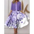 Robe Midi Femme Ensemble de Robe Deux Pièces Ensemble Robe Décontractée Robe en Chiffon Robe Swing Élégante Imprimé Floral Manches Mi-Longues Col V Saint-Valentin Rendez-vous Violet Printemps Coupe