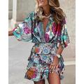 Mini robe Femme Robe casual Demi Manches Eté Printemps - Vacances Décontractées Patchwork Imprimer Floral Manche Chauve-souris Col V 2023 Noir Jaune Rouge Bleu Orange Vert Arc-en-ciel S M L XL XXL