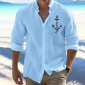 Homme Lin Mélange de Lin Coton Chemise Chemise Lin Chemise boutonnée Lettre Ancre Imprimer manche longue Col Mao Noir, Blanche, Bleu Chemise Extérieur Usage quotidien Vacances