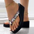 Femme Chaussons Tongs Tongs Pantoufles de plage du quotidien Plage Couleur unie Eté Strass Hauteur de semelle compensée Bout ouvert Sportif Décontractées Toile Mocassins Noir