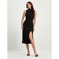 robe noire pour femme sans manches, robe fendue haute, robe de soirée mi-longue à col haut