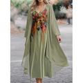 Femme Ensemble Robe Deux Pièces Robe casual Robe de Mousseline Robe Évasée Extérieur Bureau Mode Vêtement de rue Imprimer robe longue Col V manche longue Floral Standard Bleu Violet Vert Printemps S