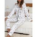 Ensemble pyjama en satin de soie pour femme, motif léopard, cœur, décontracté, confortable, doux, pour la maison, lit quotidien, satin respirant, revers, manches longues, chemise, pantalon, été, printemps, blanc, jaune