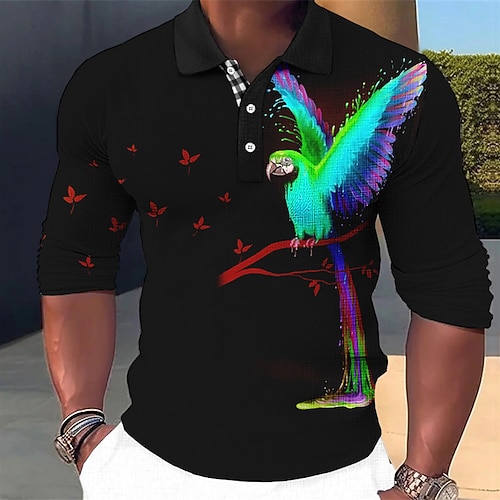 Homme Perroquet Polos Hawaïens Chemise de golf manche longue Polos Chemises à Col Occasionnel Drôle Tenue de plage Vêtements de vacances Tenues de fête Impression 3D Boutons Automne Hiver Jaune