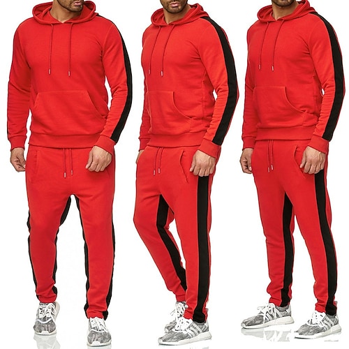 Homme Ensemble Survetement Survêtement Ensemble de vêtements de sport Sweat à capuche Ensemble de jogging Noir Blanche Jaune Rouge Gris foncé Capuche Couleur unie Rayure Sport Loisir Sortie