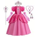 super Mario Bros Princesse Peach Robe Gants Couronnes Fille Cosplay de Film Robe Motif Déguisement Cosplay Tenue Rose Rose Le Jour des enfants Mascarade Robe Ensemble d'accessoires