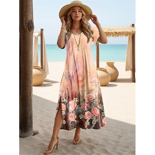 Femmes Robe Longue Maxi Robe Robe Décontractée Robe Maxi Robe T-Shirt Robe d'Été Streetwear Robe Maxi Rue Fête Date Coupe régulière Fleuri Manche Courte Col ras du cou Blanche Vert Claire Rose Claire