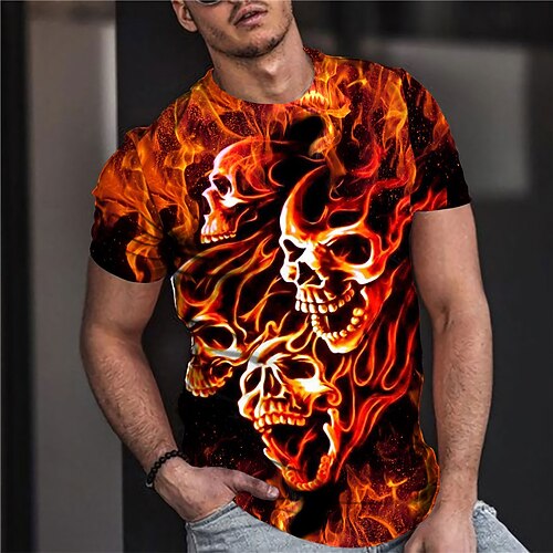 T-shirt à imprimé graphique de crâne unisexe pour homme t-shirt à flammes manches courtes t-shirt à imprimé 3D t-shirt col rond vêtements de designer décontracté extérieur rue quotidien orange